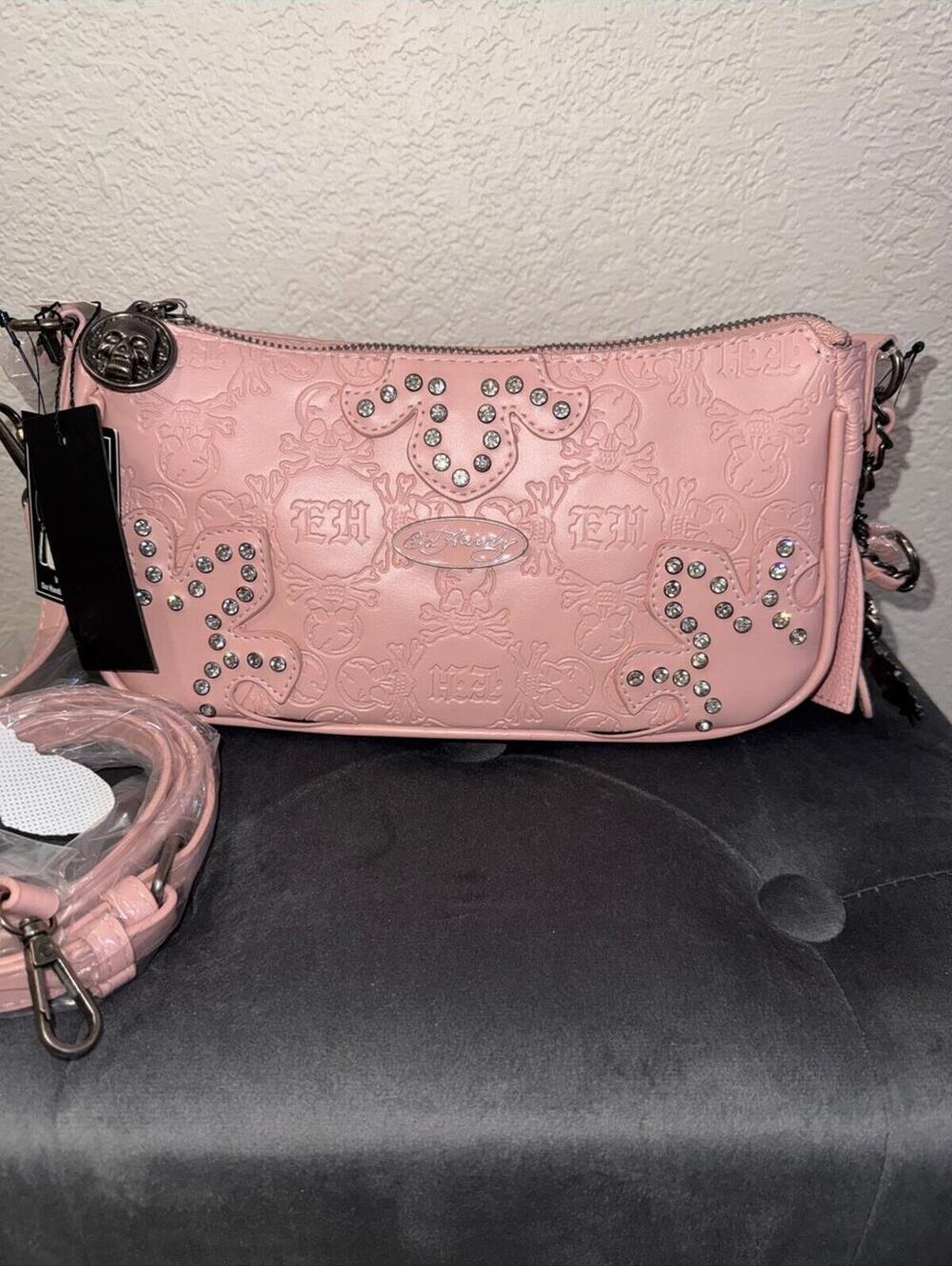 Ed Hardy Pink Embossed Studded Crossbody Bag NWT - Picture 1 of 7